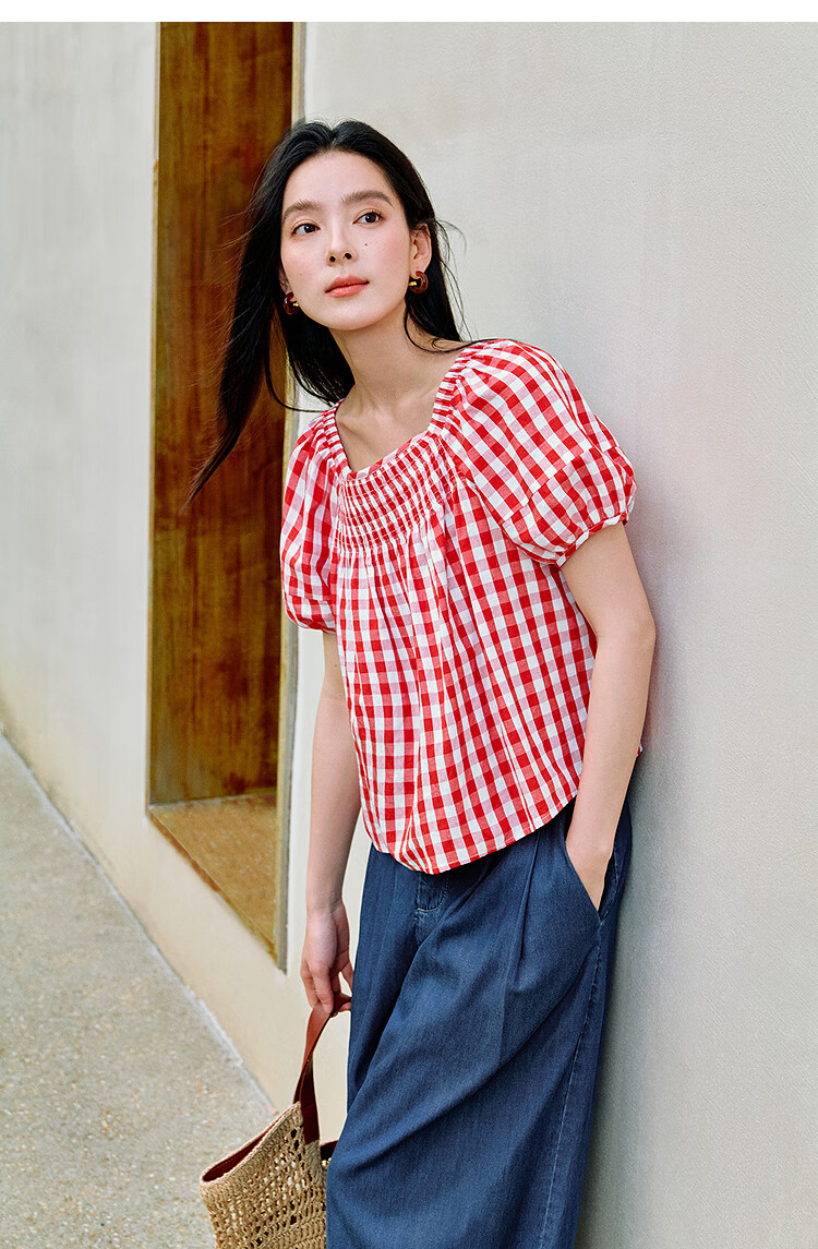 Inman 100% Cotton Sweet Plaid Shirt 2026 Summer New Women's Slim Waist Pleated Blouse Light Blue Plaid L 9