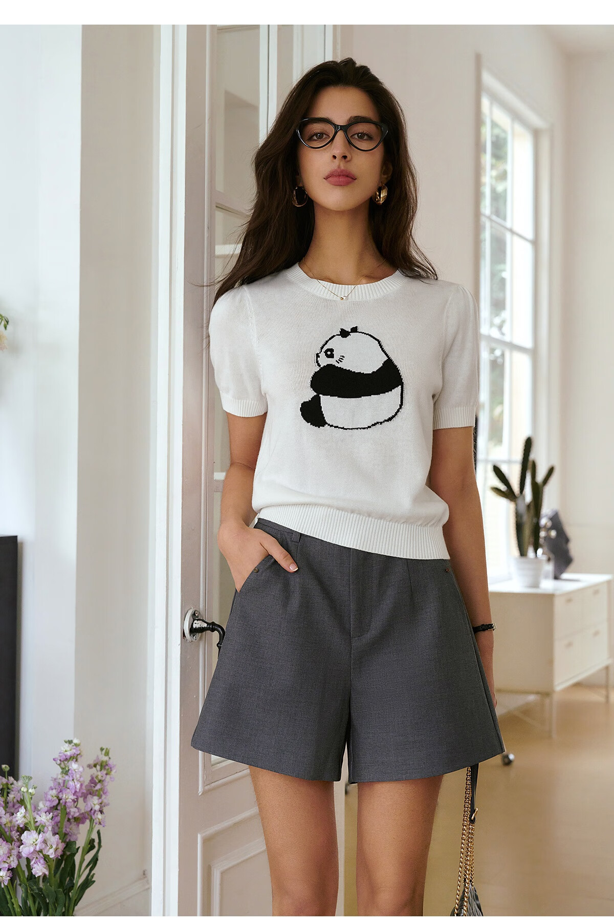 Oulain Elegant Short-Sleeve Knit Top for Women, Spring And Summer Fun Panda Pullover Sweater, Light Gray, L 5