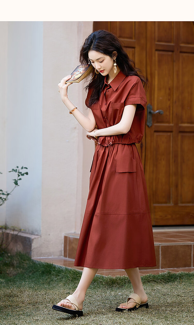 Demana 100% Cotton Poplin Set Summer Lapel Large Pocket Pigskin Button Top A-Line Skirt Two-Piece Set 14