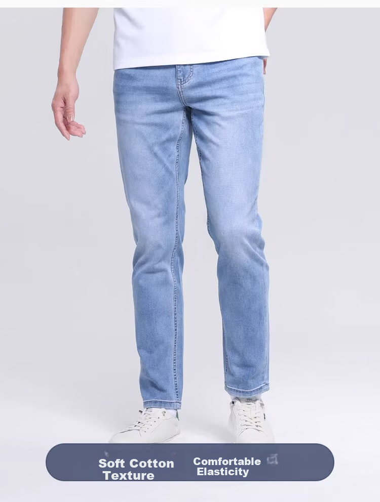 Xiahushijia [Feitian Niu Zai Summer] Coolmax Ice Elastic Cotton Jeans for Men, Straight-Leg Ankle-Length Pants - Light Blue, Size 30 6