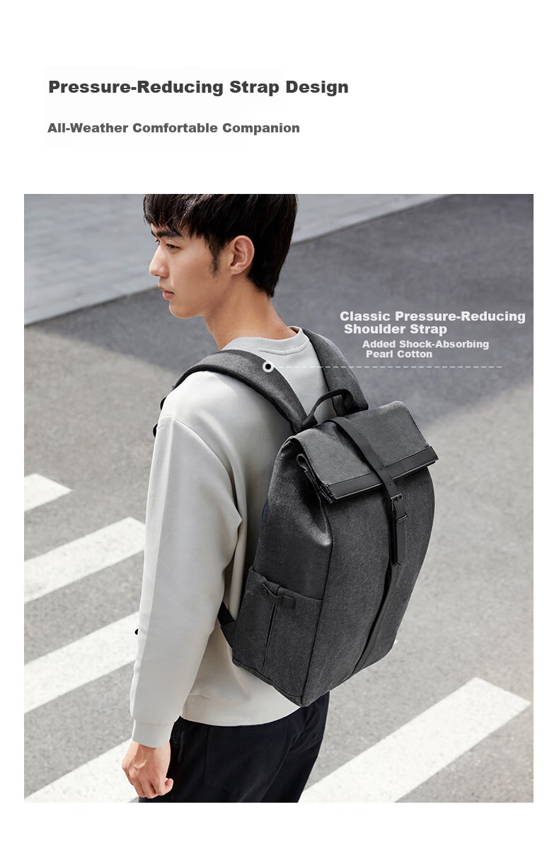90Fen Casual Sports Backpack, Simple British Style Large Capacity Lightweight 15.6-Inch Laptop Bag, Dark Night Black 6