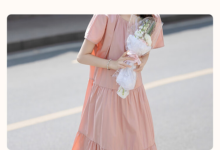 Demana Soft Mist Morandi Summer French Style Pure Cotton Round Neck Design Split Loose Waist Short Sleeve Women's Dress 5