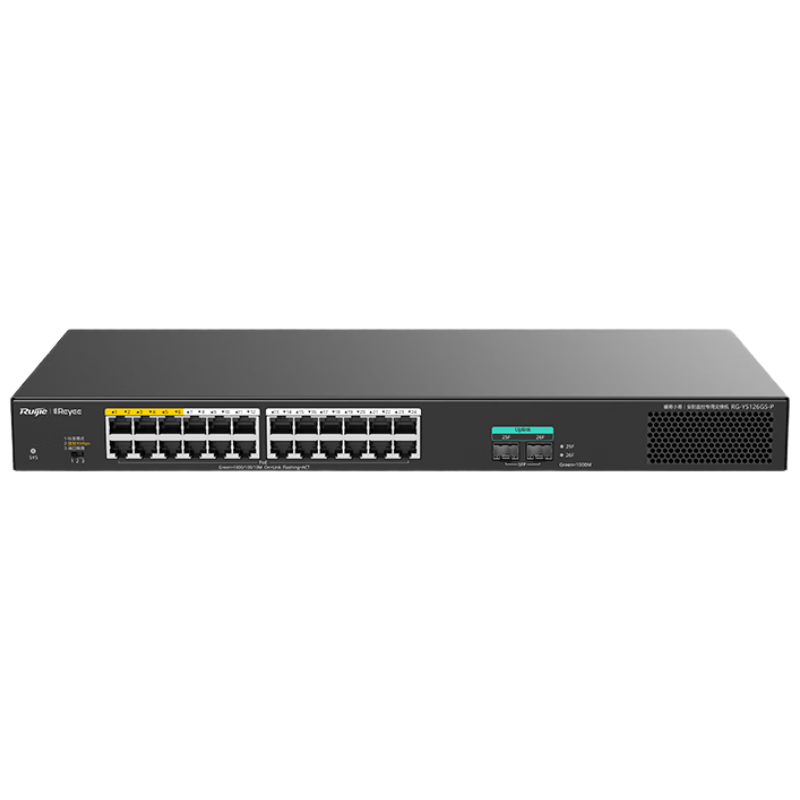Ruijie 24-Port Gigabit PoE Surveillance Switch RG-YS126GS-P 230W PoE Power Full Load 24x 800W Cameras Gigabit Uplink 6KV Lightning Protection