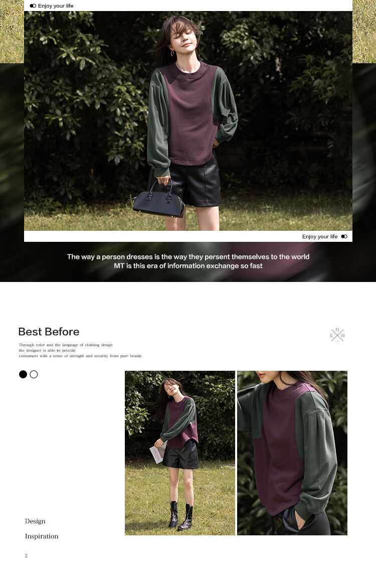 MT Casual Sportswear Autumn Terry Cloth Color-Block Puff Sleeve Crewneck Fashion Sweatshirt 1