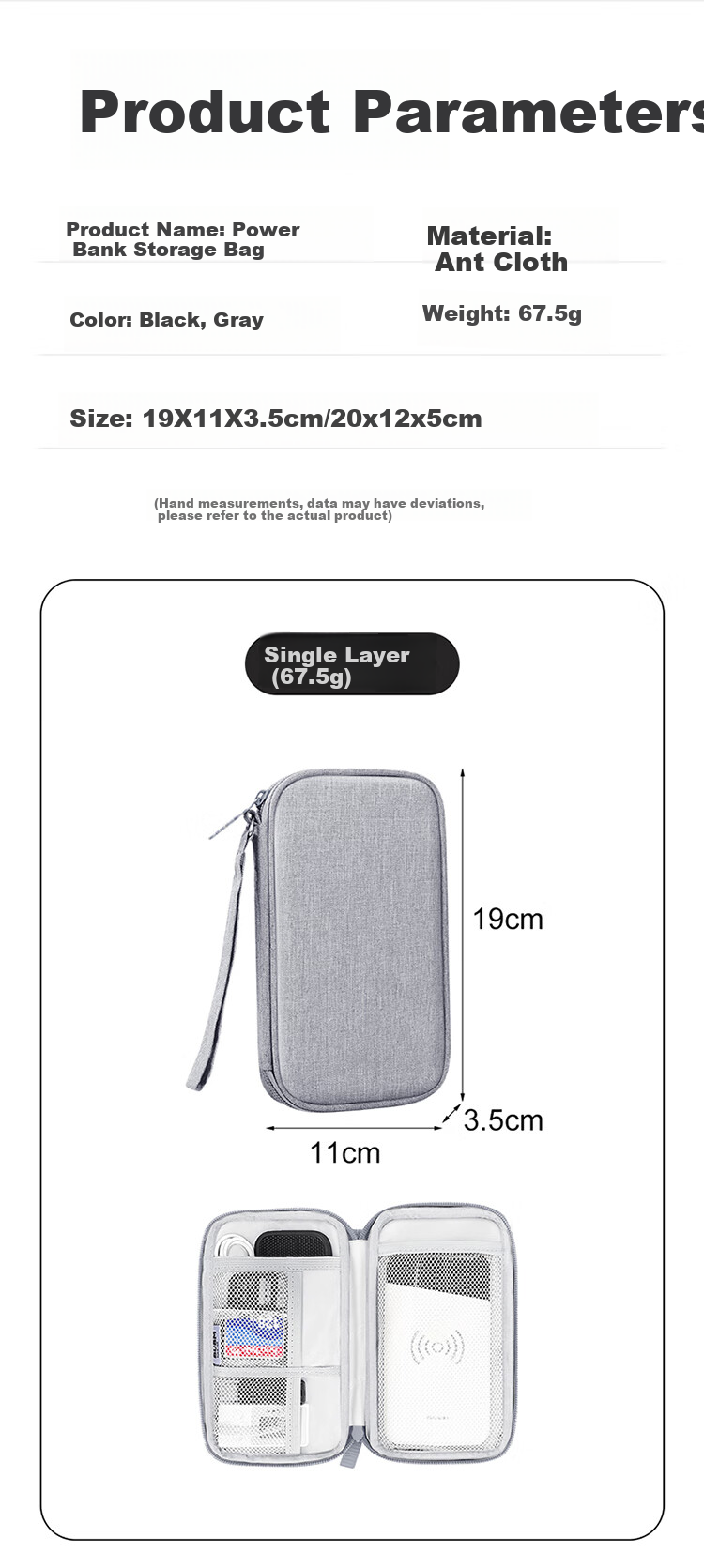 BUBM Power Bank Storage Pouch, Xiaomi 2 Romoss Portable Charger Protective Case, Multifunctional Cable Storage Box, Earphone And Digital Accessory Organizer Bag, Gray, Double-Layer 10