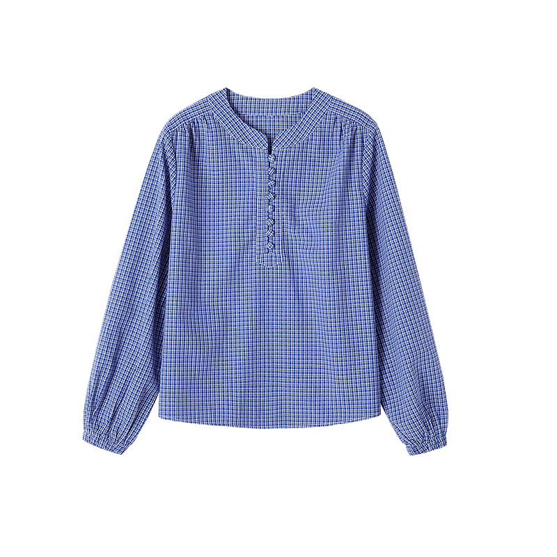 Dme [Salt-Style Youthful Plaid] Spring Small Stand-Collar Cloud-Feel Cotton Shirt, Pleated Elastic Blouse, Women's Top