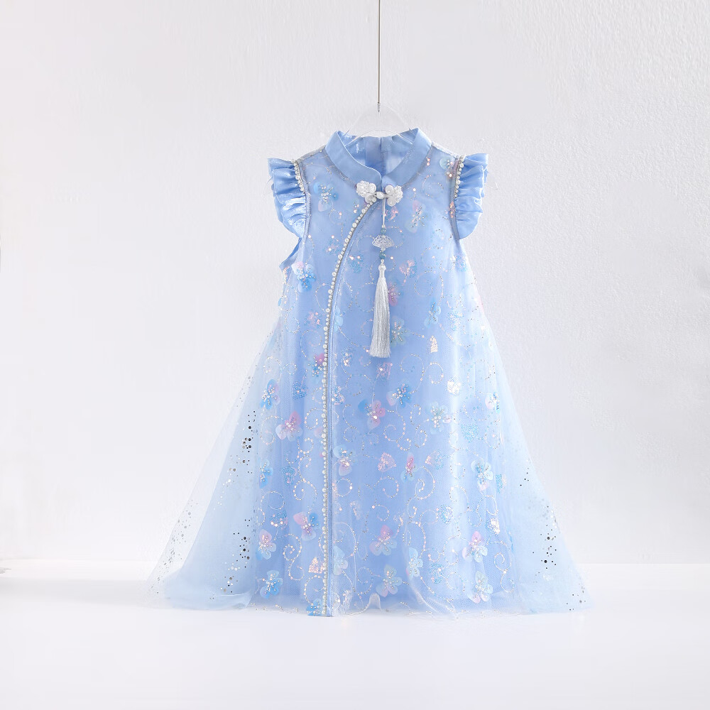 Dishini Girls' Elsa Princess Dress, New Summer Dress for Girls, 2025 New Chinese-Style Qipao Hanfu
