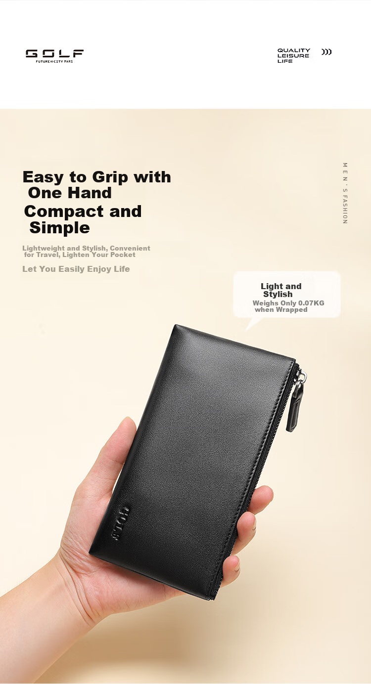 GOLF Men's Wallet, Top-Grain Leather, Multi-Card Slots, Long Wallet, Lightweight Bank Card Holder, Zipper Pouch, Leather Billfold, Gift Box Set 3