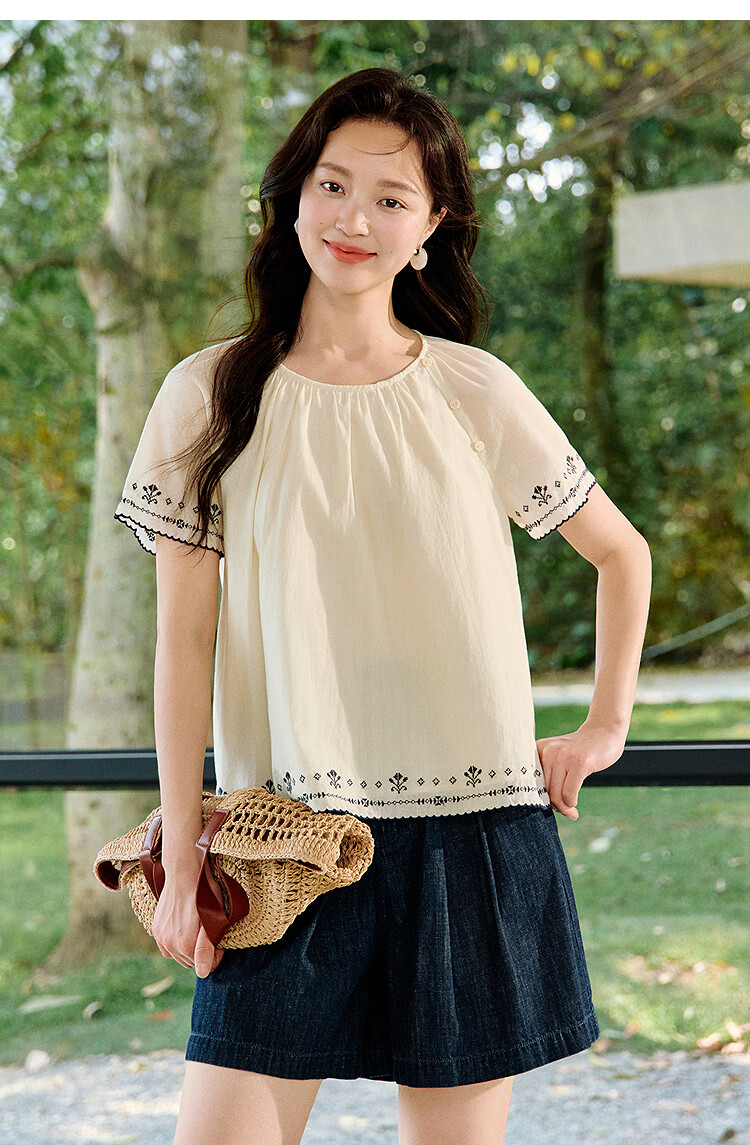 Inman French Style 100% Cotton Embroidered Shirt Summer Women's Casual Vacation Short Sleeve Blouse Beige M 21