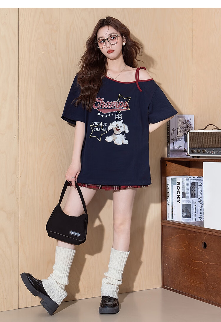 Tangshi 2025 Summer Women's American Style Color-Block One-Shoulder Printed Short Sleeve T-Shirt 7