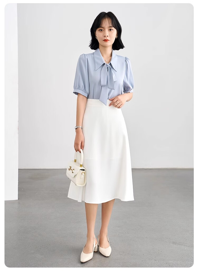 Bodexiaojie Blue Short-Sleeve Shirt for Women, Urban Daily Commute Outfit, Petite Chiffon Blouse, Interview Professional Shirt, Size S 17