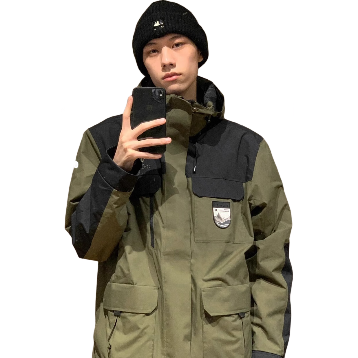CAMEL [Shanye] Three-In Waterproof Jacket Trendy Color-Block Coat 1107X Forest Green/black, Men's L