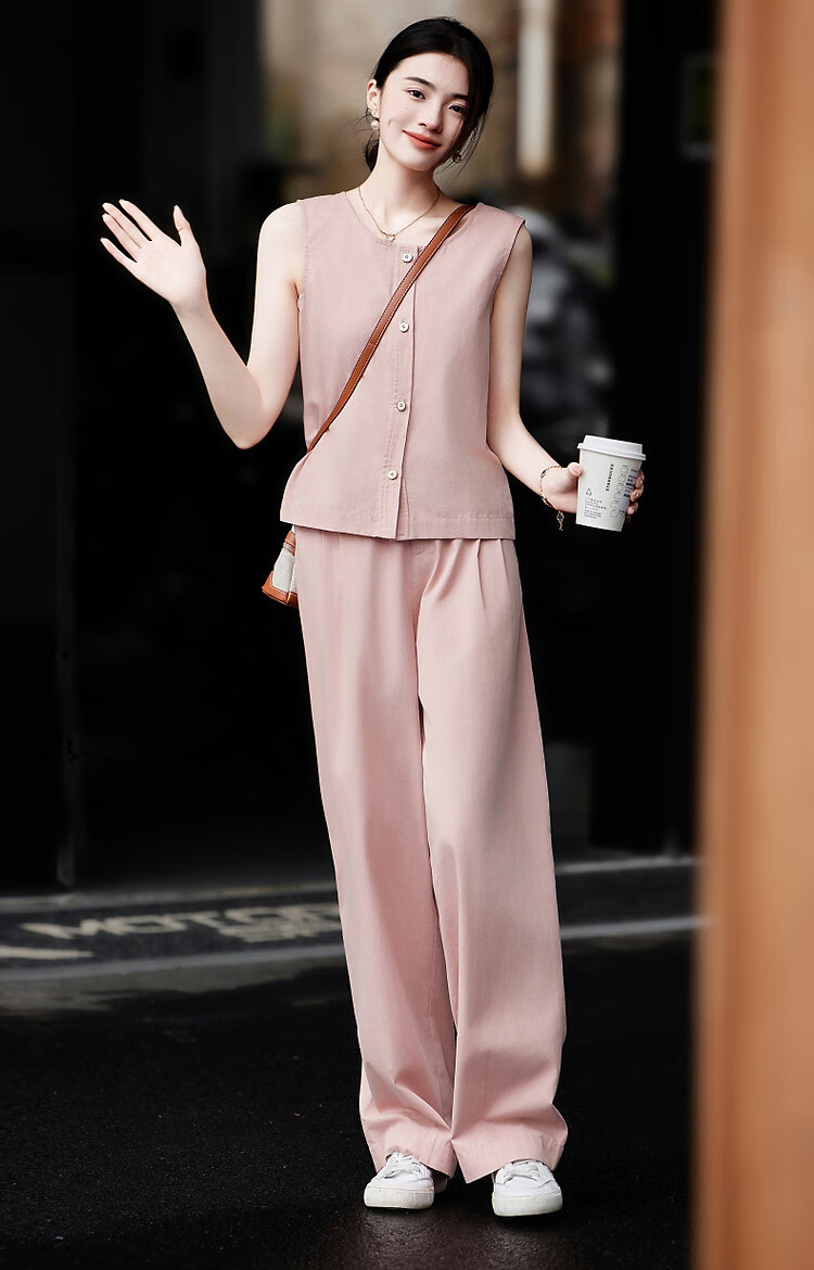 Dme High-Sense CBD Commuter Summer Minimalist Cotton Set Round Neck Vest Elastic Waist Pants Two-Piece Set 13