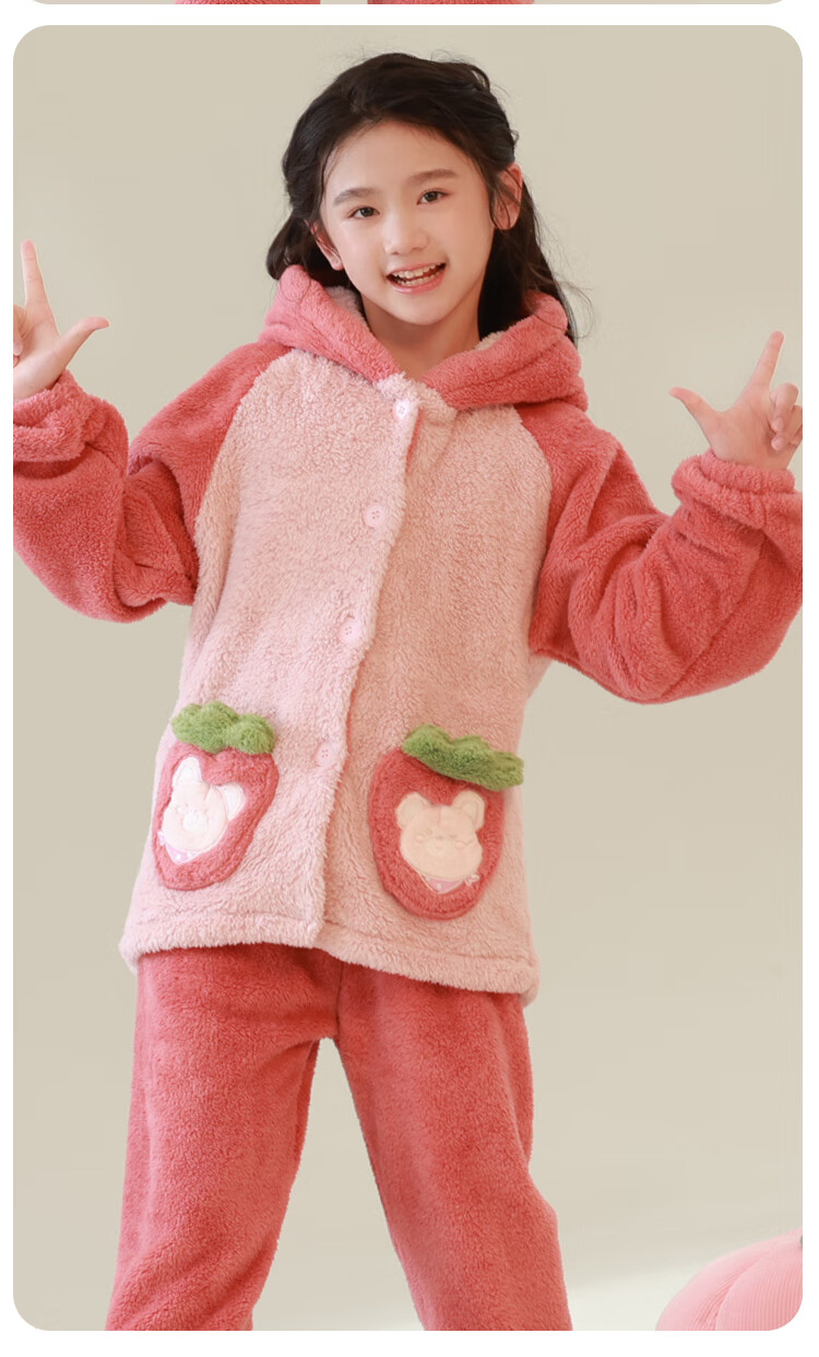 MiiOW Kids Girls Flannel Hooded Coral Fleece Pajama Set Thickened Autumn Winter 24 New Style 150cm 6