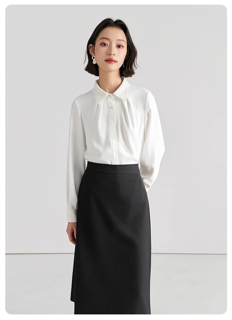 Bodexiaojie White Blouse for Women, Professional Commute Straight Shoulder Top, Petite Elegant Outfit, Formal Shirt 14