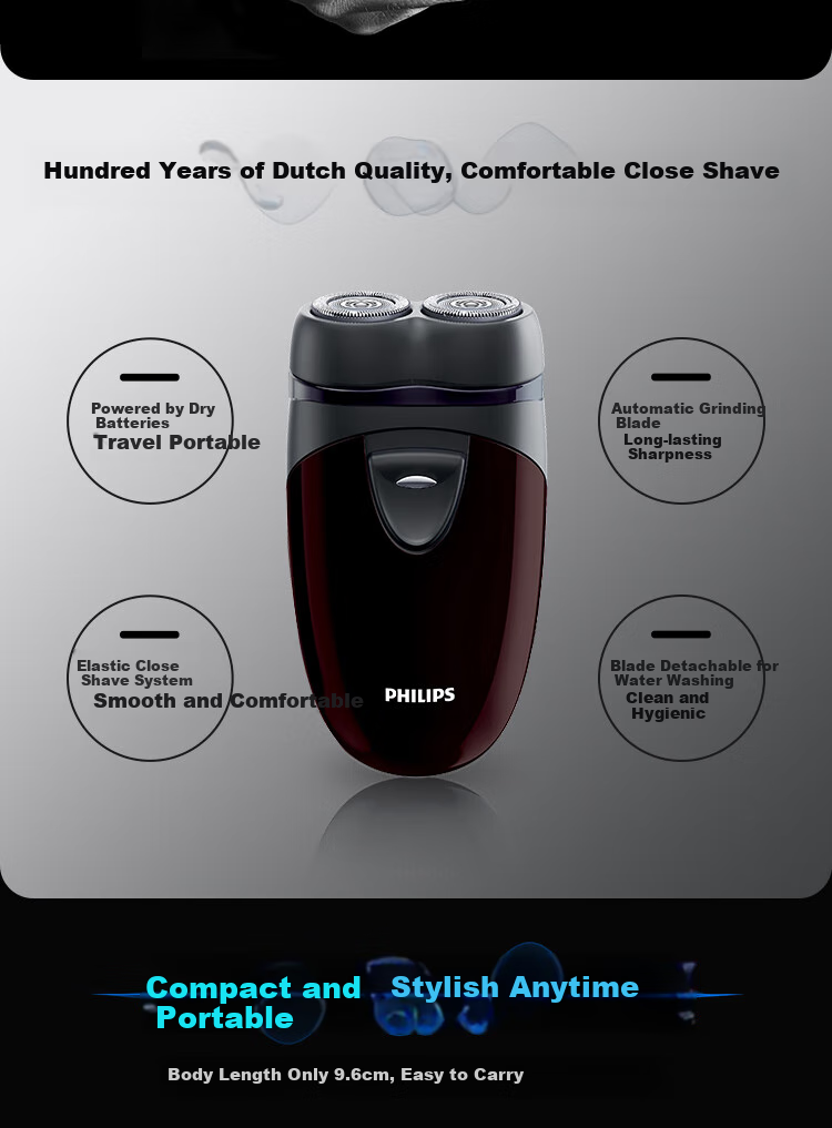 PHILIPS Electric Shaver, Men's Rotary Razor, Imported Dual-Blade Classic Portable, New Year Gift for Boyfriend Or Father, Battery-Powered PQ206/18 2