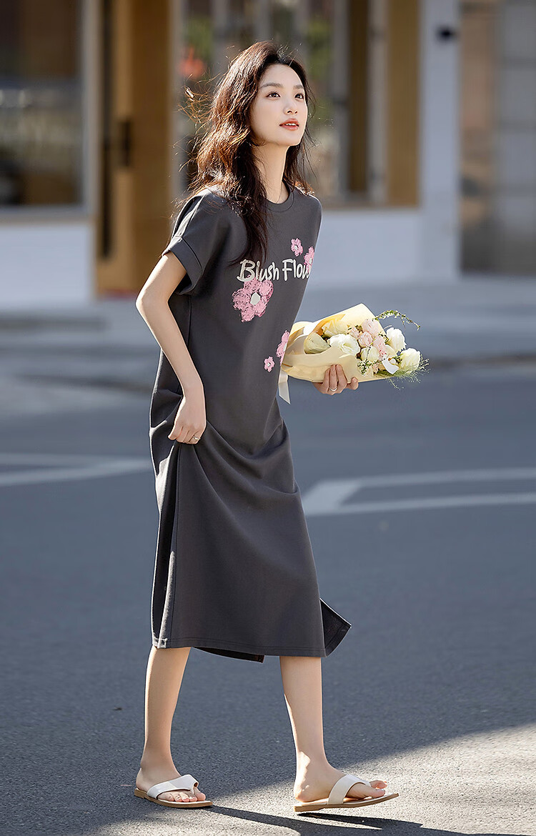 Demana 215G Pique Mesh Summer Letter Print Wide Cuff Round Neck Loose Dress 9