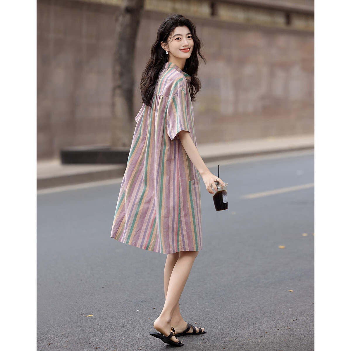 Dme [Healing Class Style] Summer Short Stand-Collar Cotton Lyocell Blend Short-Sleeve Loose Waist Mid-Length Women's Dress