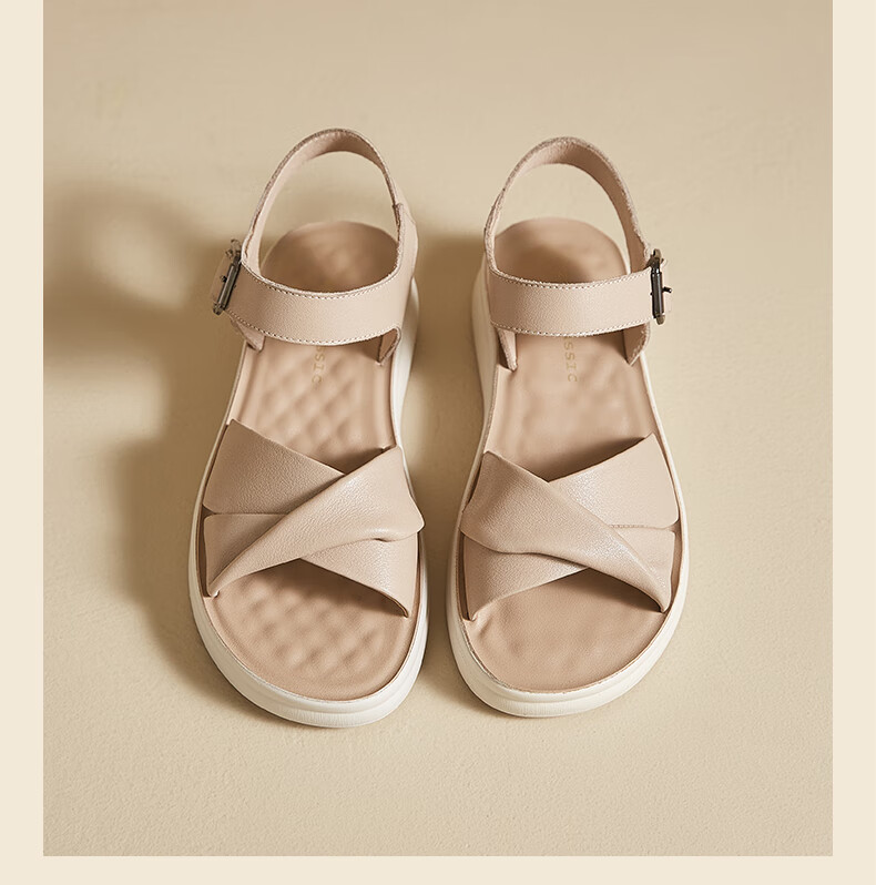 ZHR Zese First Layer Cowhide Thick Sole Sandals Women Summer Breathable Open Toe Comfortable Leather Soft Sole Single Strap Shoes EQ05 Beige Size 36 15
