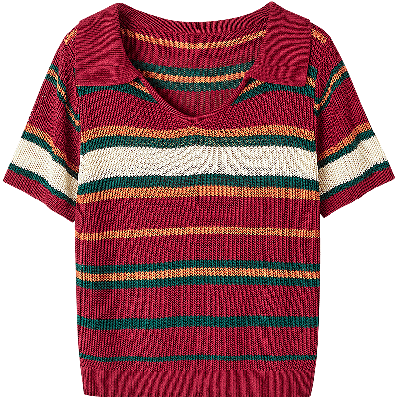 Dme [Tangguo Duoban] Summer Youthful Cool Ice Silk Contrasting Striped V-Neck Sweater Women's Top