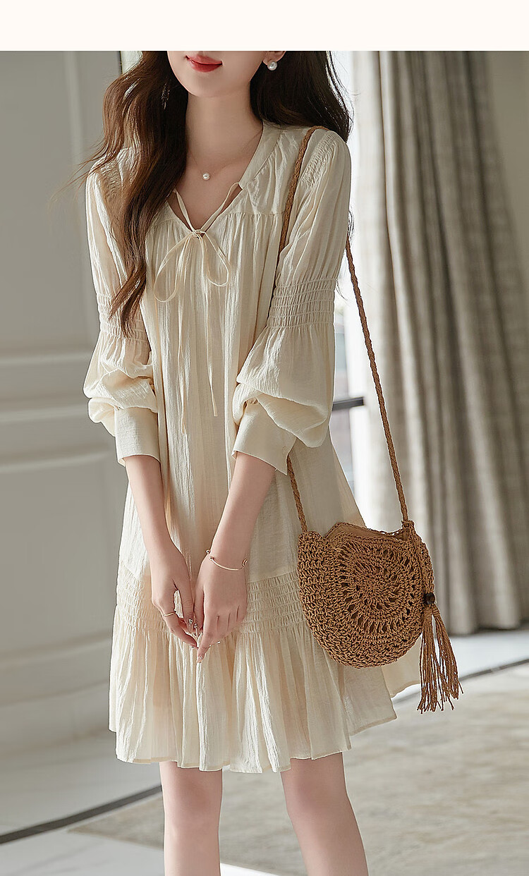 Dme [Fujia Qianjin] Spring And Autumn V-Neck Palace Sleeve Tie-Waist Adjustable Lady's Dress, Short Style 6