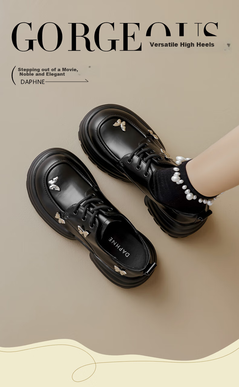 DAPHNE Thick-Soled Butterfly Leather Shoes for Women, 2026 Stylish Lace-Up Platform Loafers, British Style Soft Cake JK Flats 1