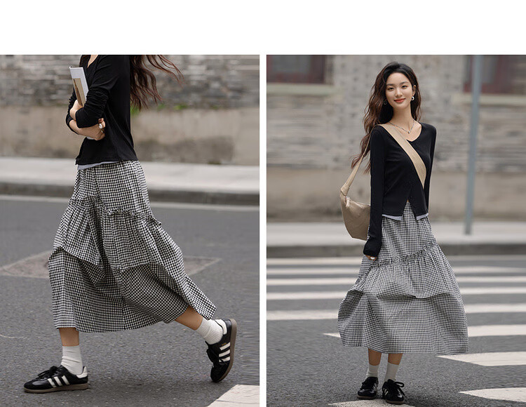 Dme [Fresh Cloud Cotton] Spring Vintage Floral Bud Ruffle Elastic Waist A-Line Plaid Midi Skirt for Wome 6