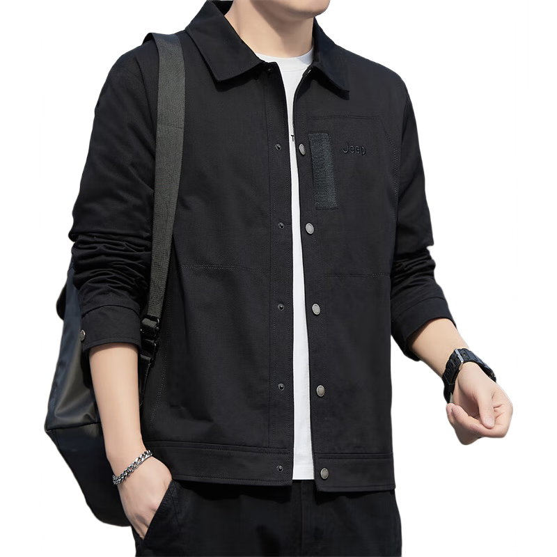 JEEP Men's Jacket Spring Autumn New Casual Workwear Men's Turn-down Collar Loose Fit Black M