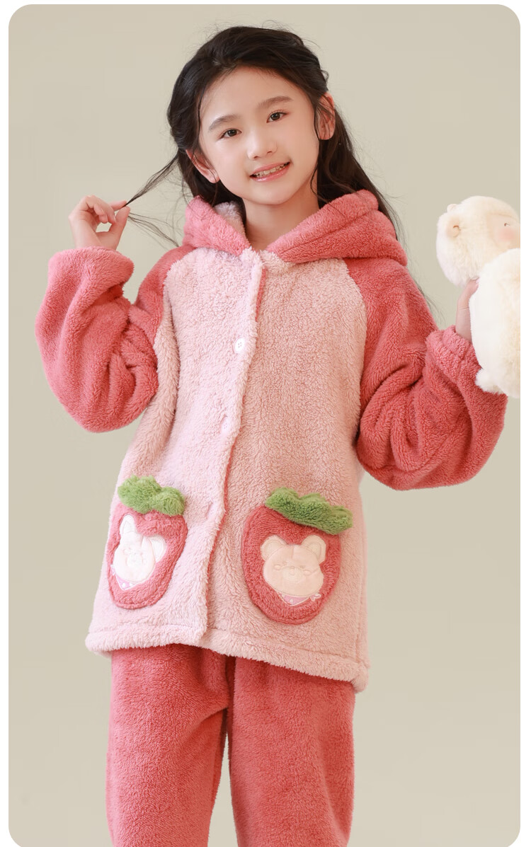 MiiOW Kids Girls Flannel Hooded Coral Fleece Pajama Set Thickened Autumn Winter 24 New Style 150cm 5