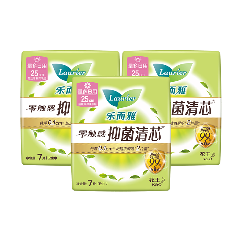 KAO Sanitary Napkins, Luye Zero-Touch Antibacterial Core Daytime Pads, 25cm, 7 Pieces Per Pack, Menstrual Pads, 3 Packs