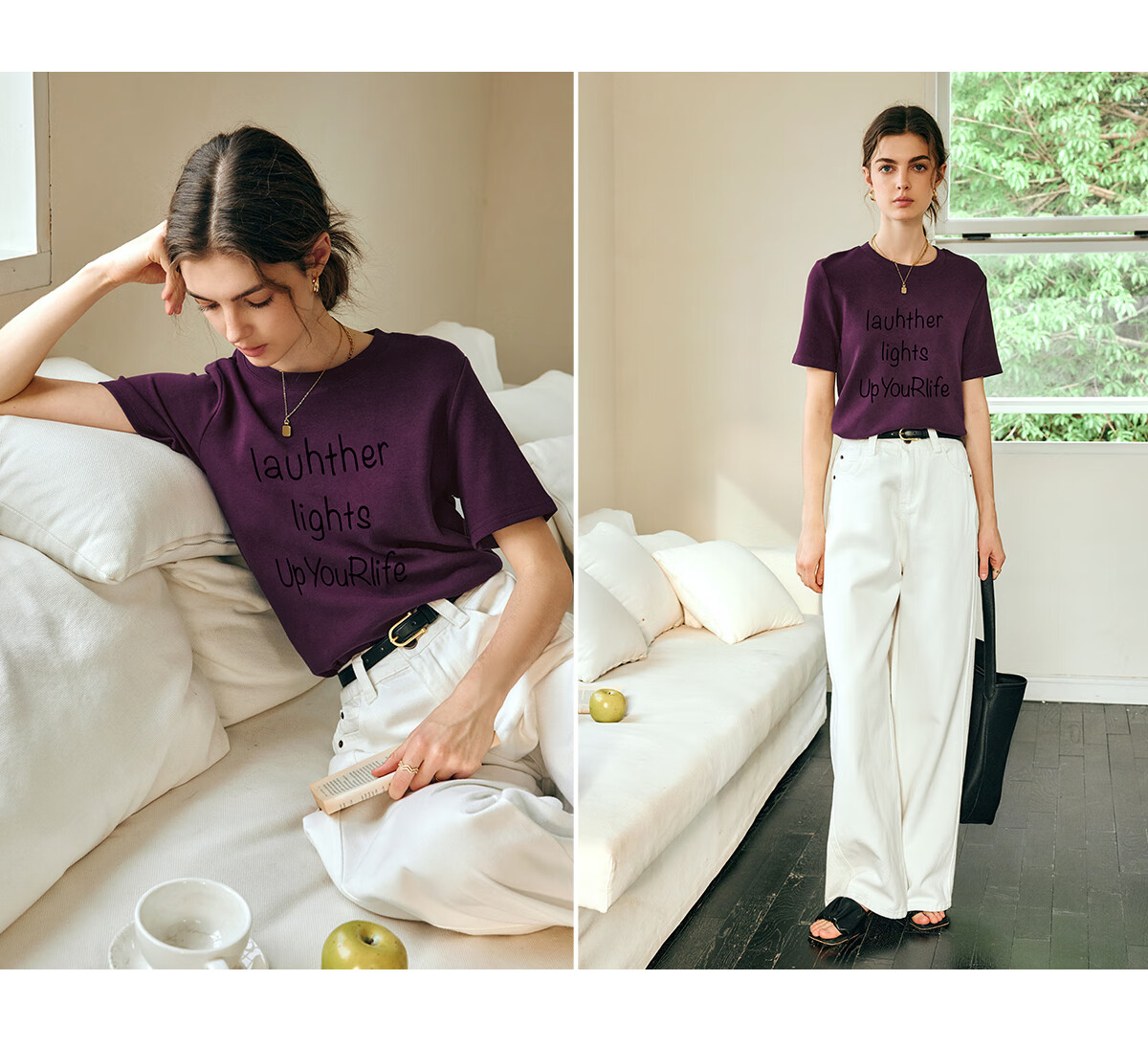 Oulain Letter Print Short-Sleeve T-Shirt, Women's Versatile Loose Casual Round Neck Top, Purple, S 23