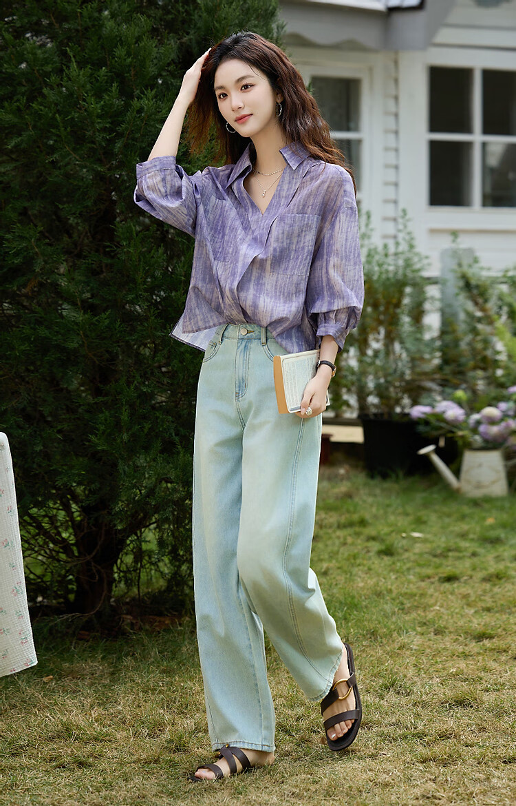 Dme [Art Student Outfit] Summer Artistic Gradient Lapel Shirt, Loose Comfortable Blouse, Women's Top 8
