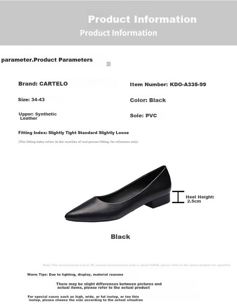 CARTELO Women's Leather Shoes, Pointed Toe Work Shoes, Low Heel Commuter Flats, KDO-A335 Black, Size 41 3