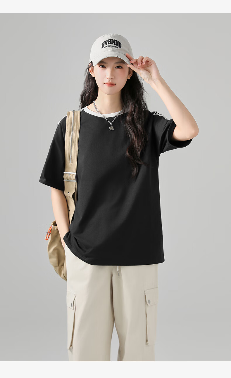Jeanswest Women's Striped Short Sleeve T-Shirt Spring Summer New Two-Stripe Raglan American Style Cotton Loose Colorblock T-Shirt 20