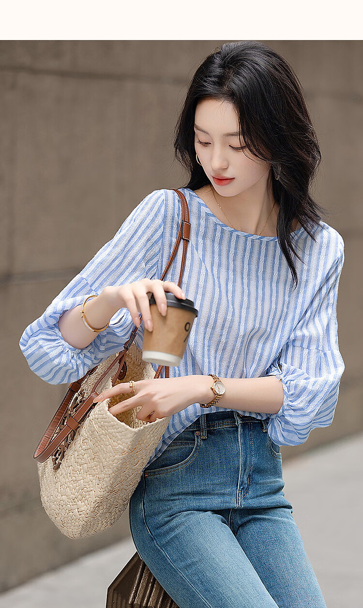 Dme [Pure Cotton Story] Spring Simple Style Hollow Striped Shirt, Artistic Comfortable Concealing Blouse, Women's Top 10
