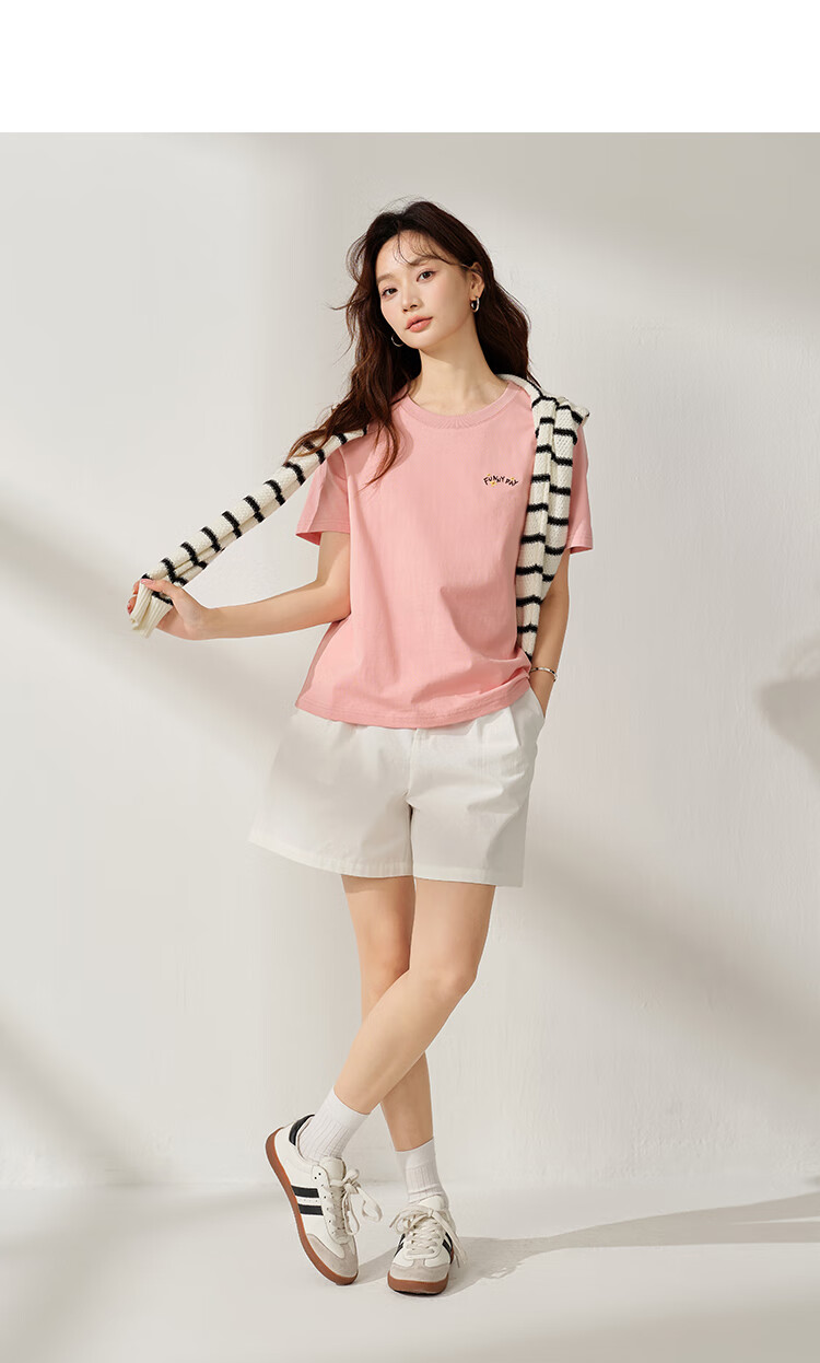 INMAN Women's 2025 Summer Embroidered Comfortable Simple Pullover Loose Fit Cotton Short Sleeve T-Shirt Sakura Pink S 37