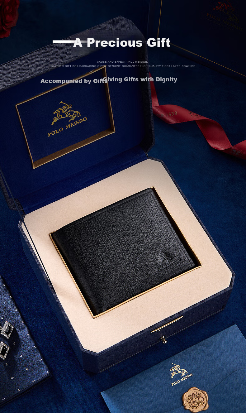 POLOMEISDO Men's Wallet, Genuine Leather Short Style Money Clip Gift Box, Sold by JD, Birthday Gift for Boyfriend, Husband, Father, Practical Present 1