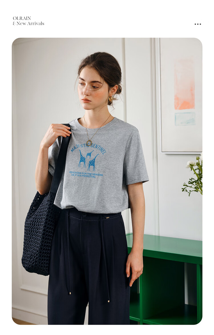 Oulain Summer Flocked Fun Printed Gray Round Neck Loose Casual Short-Sleeve T-Shirt Women's Top, Floral Gray, M 3
