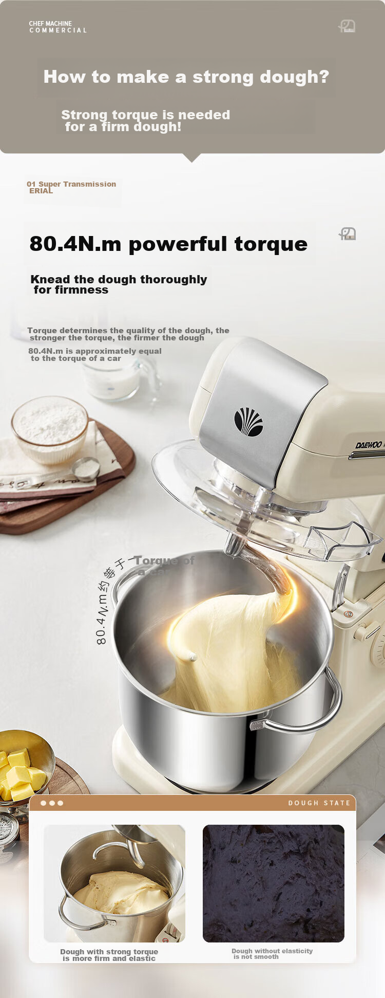 DAEWOO Household Large White Elephant Chef Machine And Dough Mixer CSJ06, Commercial Large Capacity Quiet Kneading And Noodle Making All-In Machine, Fully Automatic Multifunctional Electric Egg Beater Food Processor, 7L 6
