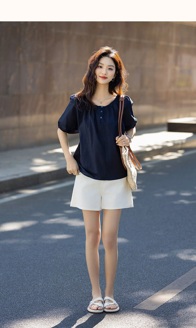 Dme [Elastic One-Shoulder Round Neck Two-Way Wear] Summer Lightweight Linen Cotton Blend Blouse Elegant Shirt Women's Top 14