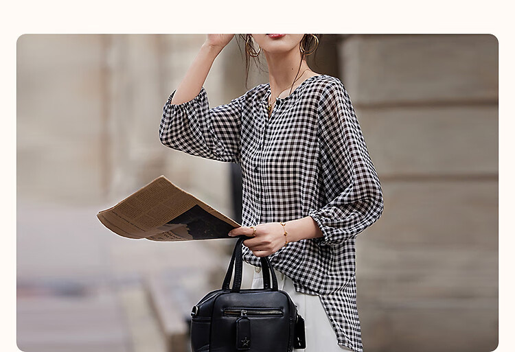 Dme [Japanese-Style Commuter] Spring Vintage Plaid Chiffon Printed Shirt with Short Front And Long Back, Elastic Sleeve Blouse for Women Top 3