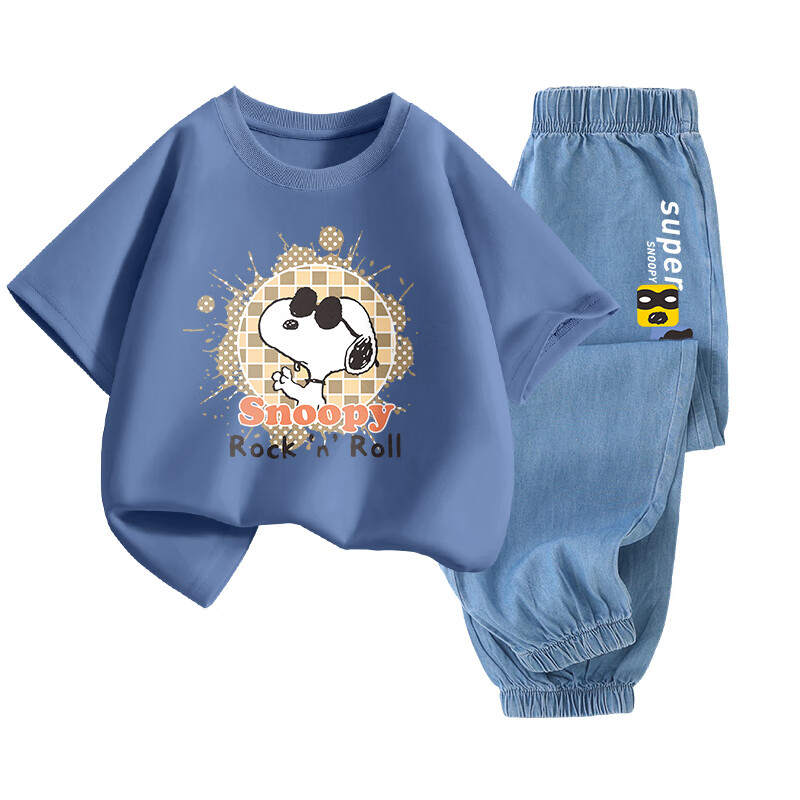 SNOOPY Boys And Girls Short-Sleeve T-Shirt And Jeans Two-Piece Set Children's Short-Sleeve Outfit Indigo Plaid + Dark Blue Nubie 110