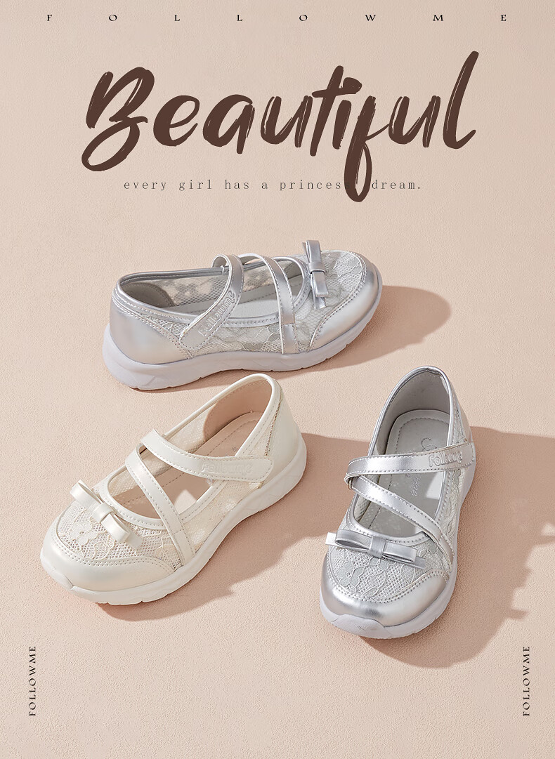 Follow Me Girls' Sports Shoes, Spring And Autumn Mesh Breathable Casual Shoes, Big Kids Sweet Bow Flats, Silver, Size 30 1