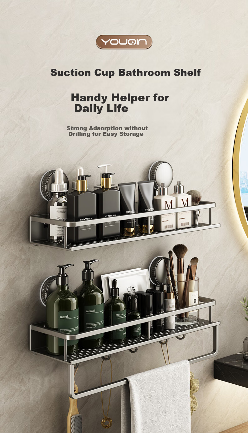 YOUQIN Suction Cup Bathroom Storage Rack, No Drilling Required, Wall-Mounted Toilet Shelf, Bathroom Vanity Organizer 1