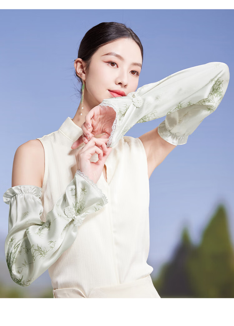 Shanghai Story Women's Silk Sun Protection Ice Sleeves Spring Summer 100% Mulberry Silk Satin Printed Loose Retro Sunshade Arm Sleeves Valentine's Day Gift 12