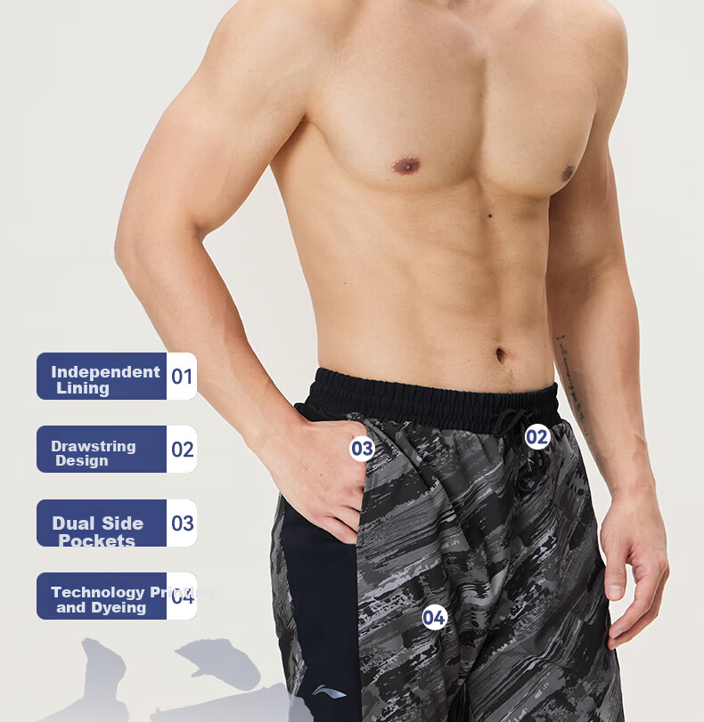Li-Ning Men's Swim Trunks, Anti-Embarrassment Two-In Hot Spring Swim Trunks And Swimwear Set, Swimming Equipment, 0203 Black And Gray, 2XL 10