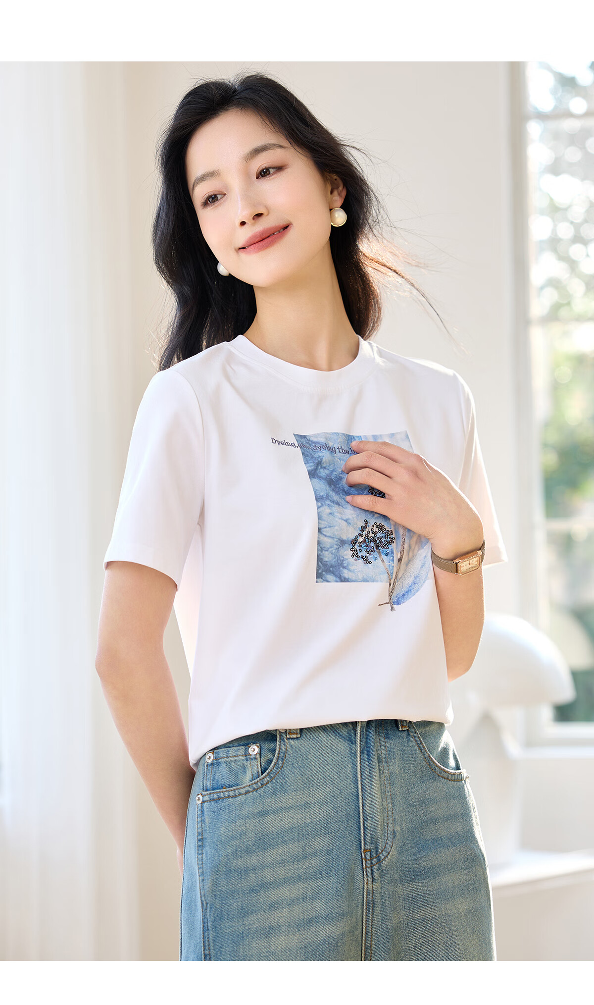 Chushen Summer Short-Sleeve T-Shirt for Women, Fashionable Round Neck, Heavy Embroidery with Sequins, Casual Top S52T029 22