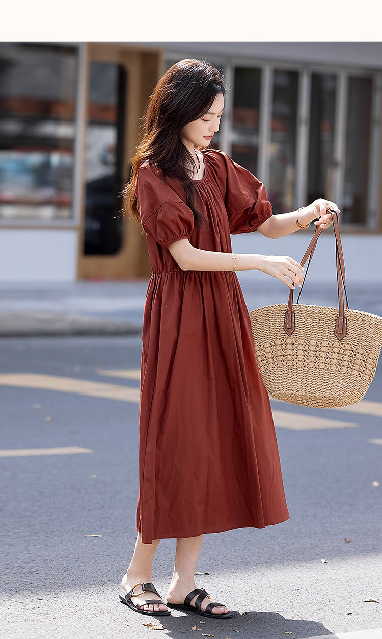 Demana [Klein Blue] Summer French Style Pure Cotton Gathered Loose Waist Puff Sleeve A-line Mid-length Women's Dress 17