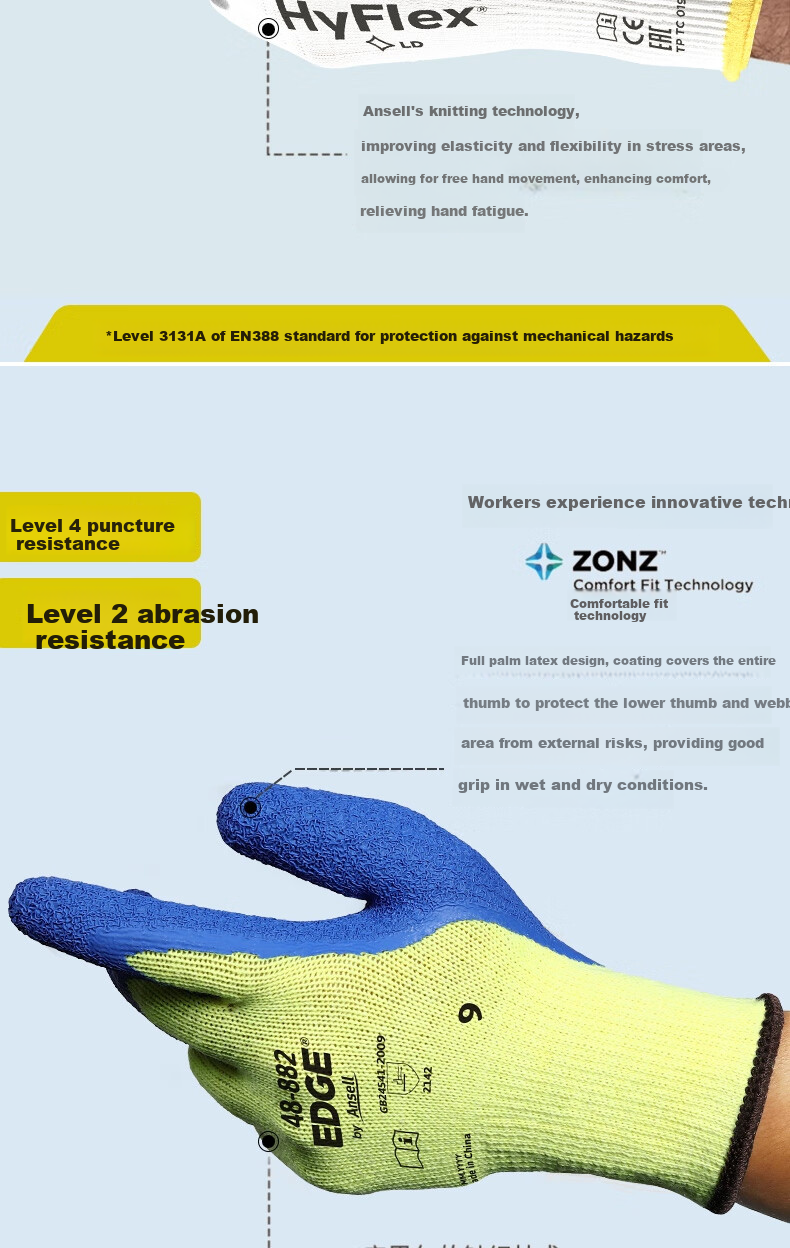 Ansell Safety Gloves, 1 Pair, Size 8, 11-840, Non-Slip, Comfortable, Wear-Resistant, Foam Nitrile Coated, Palm-Dipped, Tear-Resistant, for Construction Sites, Manual Work, Car Processing, Machinery Protection, General Use 6