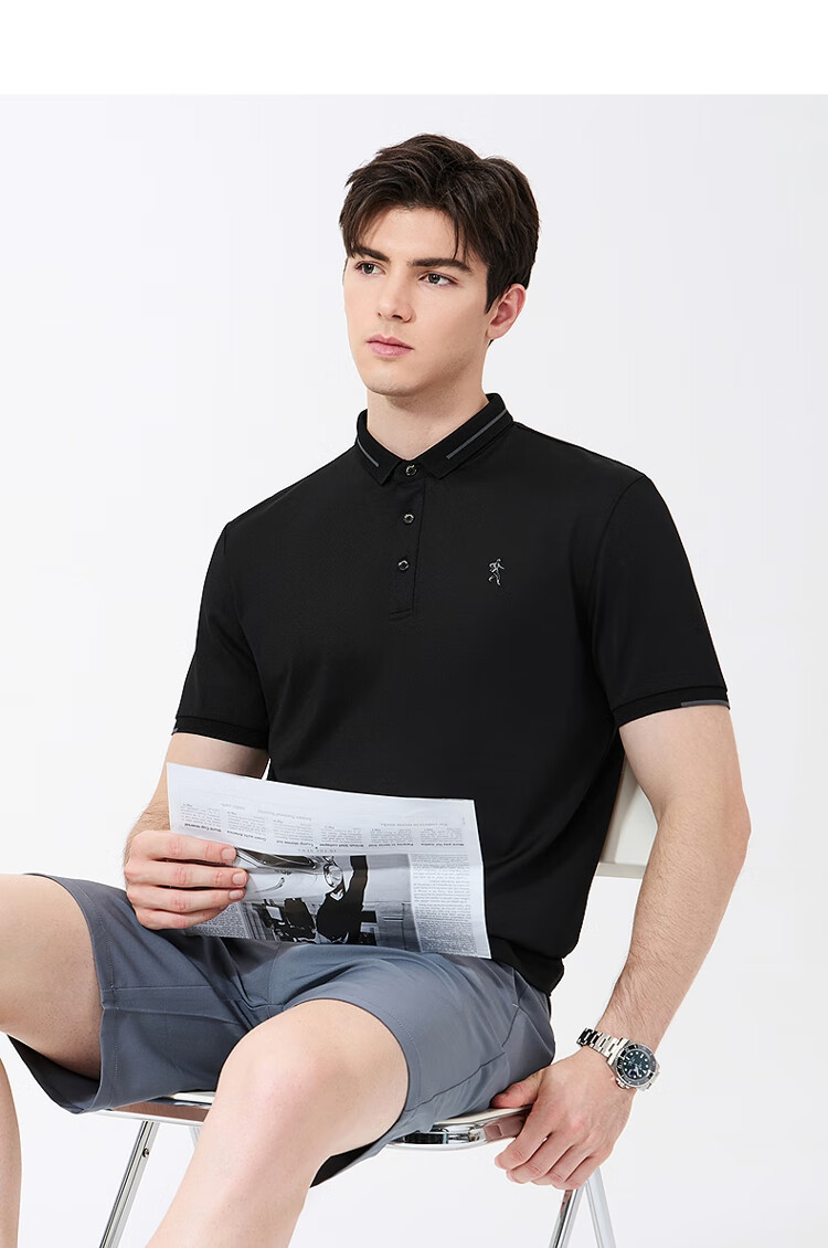 DANCING WOLVES [Mulberry Silk] Cool And Breathable Summer Commute Men's Short-Sleeve POLO Shirt, 001 Black, 2XL (185) 8